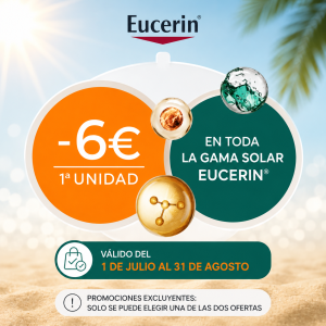 Consigue 6 € de descuento en la primera unidad en toda la gama solar Eucerin.