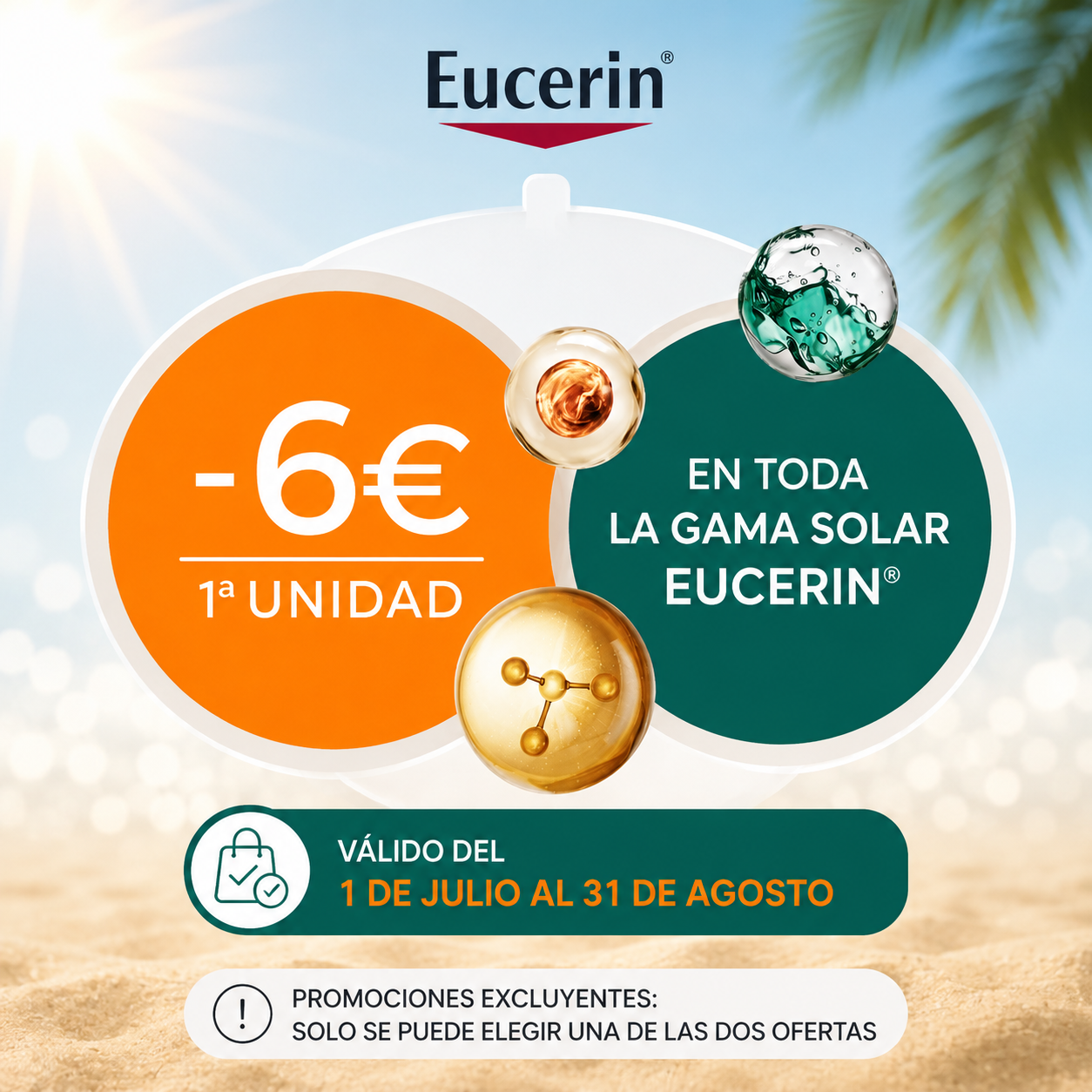 Consigue 6 € de descuento en la primera unidad en toda la gama solar Eucerin.